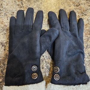 Black Sherpa Lined Suede-Look Winter Gloves with Button Accents